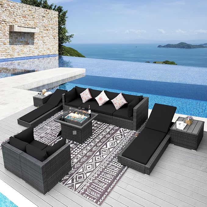 NICESOUL 11 Piece Sectional Patio Set with Loungers, Backyard Seating with Firepit, Comfy 29.3'' High-Back Deep Outdoor Couch Sofa, Heavy Duty All-Weather Wicker Furniture for Exterior, Grey & Black