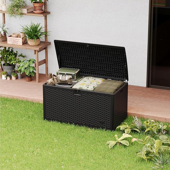 120 Gallon Waterproof Large Resin Deck Box Indoor Outdoor, Lockable Storage Container for Patio Furniture Cushions, Throw Pillows, Garden Tools, and Pool Floats, Black