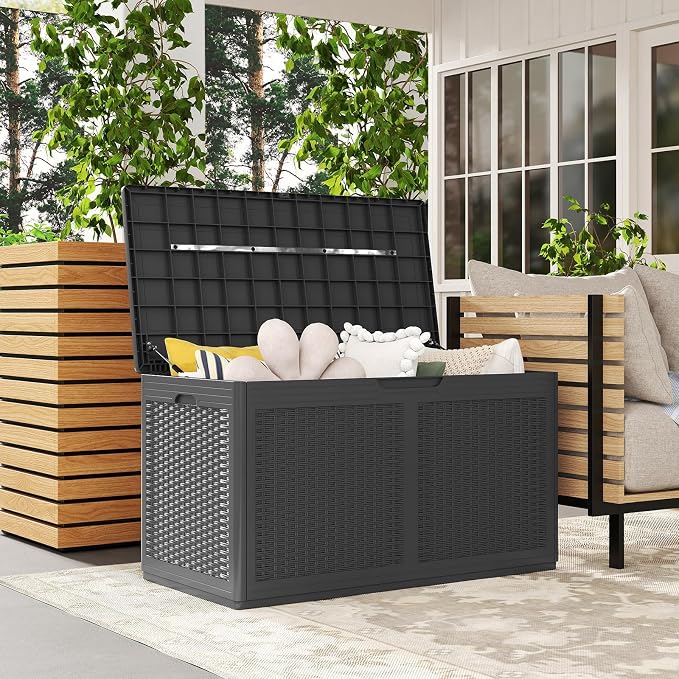 TANGZON 380L Outdoor Deck Box, Waterproof Patio Storage Container with Wheels, Lockable Lid & Side Handles, Large Resin Storage Box For Pillows Cushions Tools (Grey)