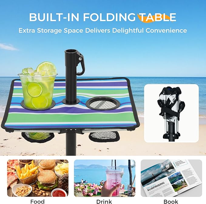 HOMEDEMO 8FT Large Beach Umbrella with Weight Bag & Sand Anchor, Outdoor Umbrellas with Adjustable Aluminum Pole and Table, Heavy Duty Windproof & UPF 50+
