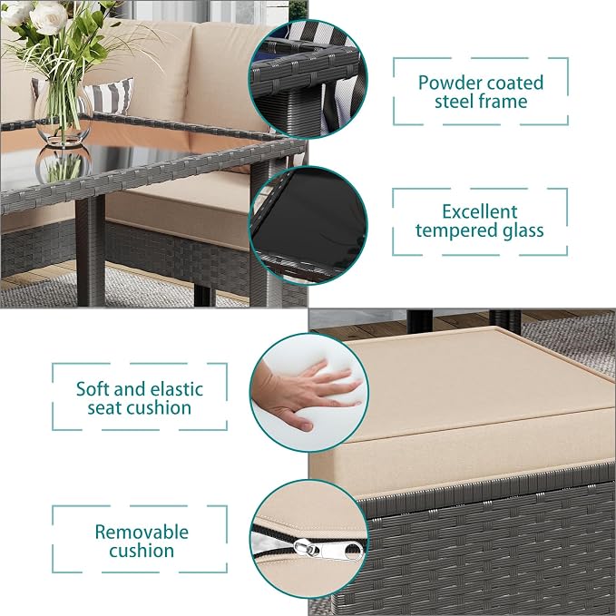 7-Piece Patio Furniture Set with Cushions and Pillows, Outdoor Wicker Sectional Sofa with Long Glass Coffee Table, All-Weather Conversation Set for Garden, Porch, Lawn, Khaki
