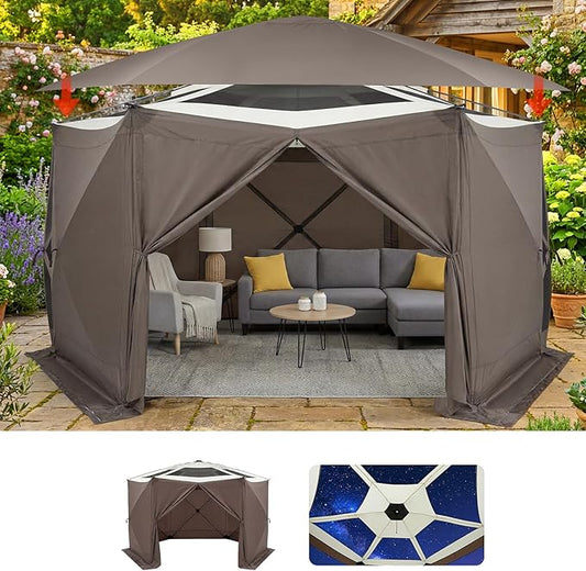GarveeHome 13x13FT Pop Up Gazebo Screen Tent, 6-Sided Canopy with Detachable Eaves & Starry Sky Top, 210D Oxford Water-Proof Instant Shelter with Mosquito Netting for Backyard Camping, Khaki & Beige