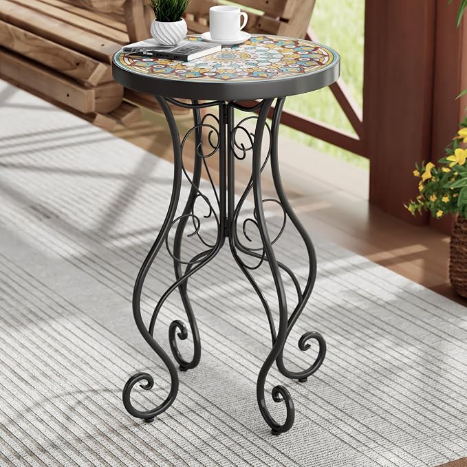 Christopher Knight Home Glady Outdoor Round Side Table, Patio Bistro Table with Ceramic Top and Metal Frame, Small Decorative Accent Table for Patio Garden Porch Balcony, Mandala