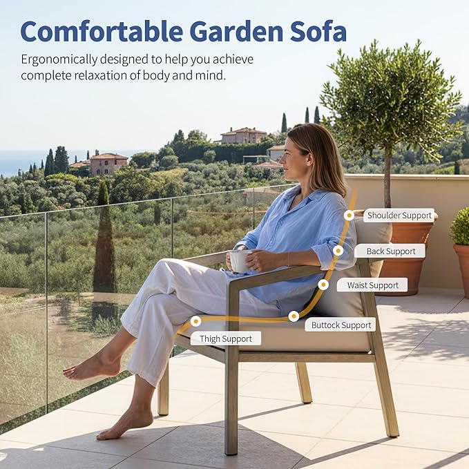 Patio Conversation Sets Outdoor Armchair, 2 Piece Aluminum Patio Sofa Chairs with Washable Thick Cushions, Modern All-Weather Patio Furniture Sets for Garden, Backyard, Porch (Grey+Beige)