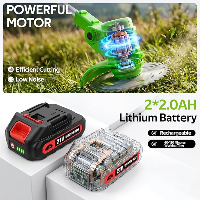 Electric Weed Wacker, Cordless Weed Eater Lightweight Grass Trimmer – 2x2.0Ah Batteries, 60-120 Min Runtime, 2 Types of Blades + Wheels for Garden & Yard Lawn
