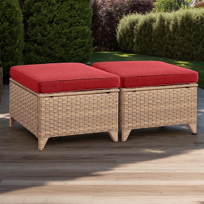 Rilyson Outdoor Ottoman Wicker Patio Ottomans - 2 Piece Footrest Footstools Set Rattan Outdoor Ottomans for Patio with Thick Cushions(Yellow/Red)
