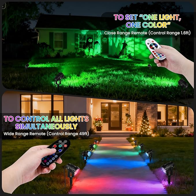 Christmas Spotlights Outdoor: RGBW LED Spot Light Plug in 120V Remote Control 16 Color Changing Landscape Spotlights for Yard Outside House Garden Lawn Path Tree Holiday Décor, 4 Pack (RGB+Warm White)