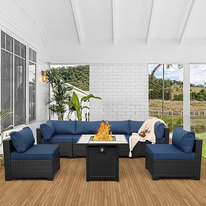 Valita Patio Furniture Set 30 Inches Fire Pit 7-Piece Outdoor Sectional Patio Couch 50000 BTU Steel Propane Fire Pit Table with No-Slip Cushions and Waterproof Cover, Navy Blue
