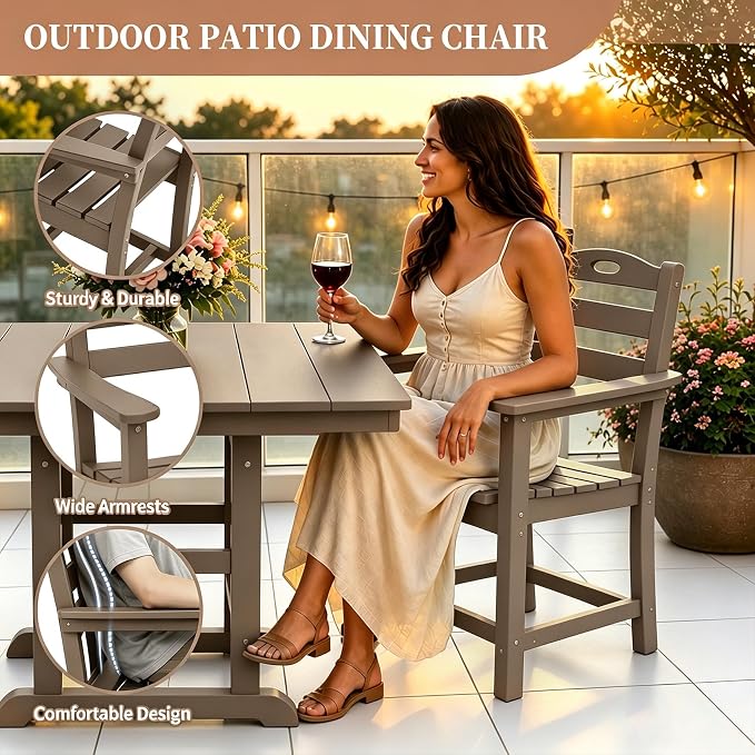 Outdoor Patio Dining Square Table and Armchair 3 Piece Set, Brown | HDPE Material, 1.77" Umbrella Hole, All-Weather, Patio Furniture, Table and 2 Chairs, For Backyard, Deck, Garden