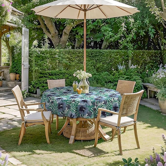DYTXIII Outdoor Round Tablecloth with Umbrella Hole 60 Inch, Water Repellent & Fade Resistant Table Cover, All Weather Outdoor Tablecloth for Garden & Party Table, Blue Salmone Tropical