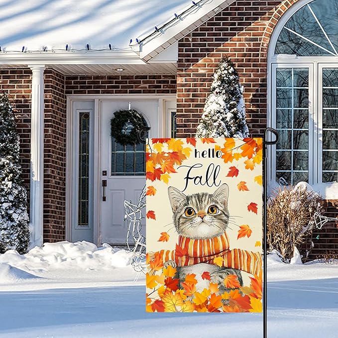 Hello Fall Cat Garden FLag 12X18 IN Double Sided Maple Leaves Autumn Garden Flags for Harvest Farmhouse Seasonal Yard Outside Decoration