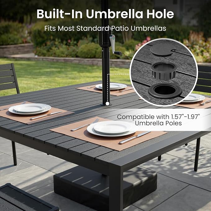 Crestlive Products Square Outdoor Dining Table for 8, 56" Aluminum Patio Table with Umbrella Hole Weather-Resistant Outside Table for Garden Backyard Deck, Black