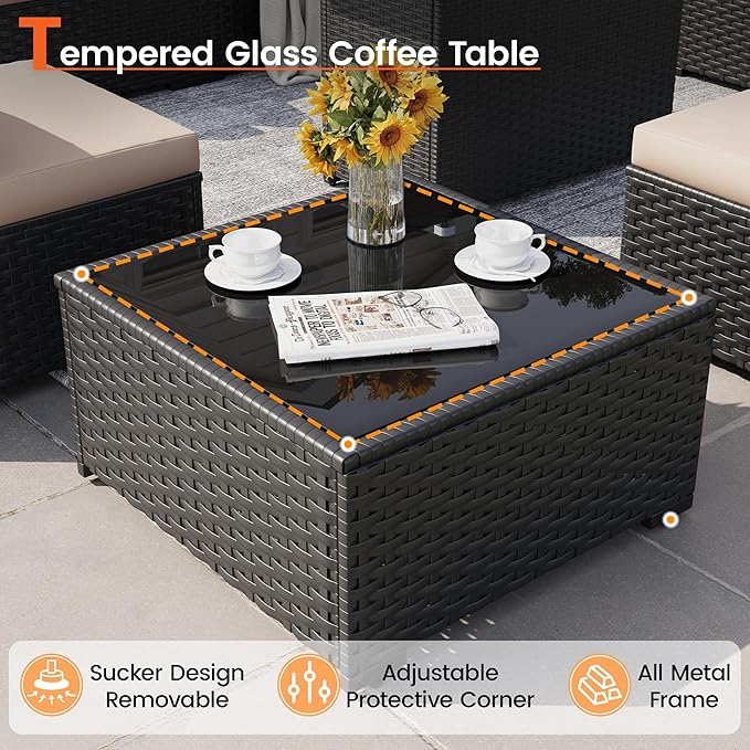 8 Piece Patio Furniture Set with 43" Fire Pit Table, Outdoor Sectional Wicker Rattan Sofa Set with Coffee Table (Beige/Black)