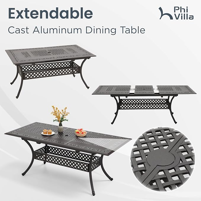 PHI VILLA 7 Pieces Expandable Cast Aluminum Outdoor Dining Set for 6, Extendable Metal Table with Umbrella Hole & Cushioned Wicker Rattan Chairs, Dining Furniture Set for Patio, Deck, Porch and Yard