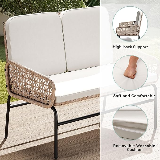 YITAHOME Patio Loveseat Wicker Outdoor Furniture, All Weather Rattan Conversation Loveseat for Backyard, Balcony and Deck with Soft Cushions, Light Brown+Beige