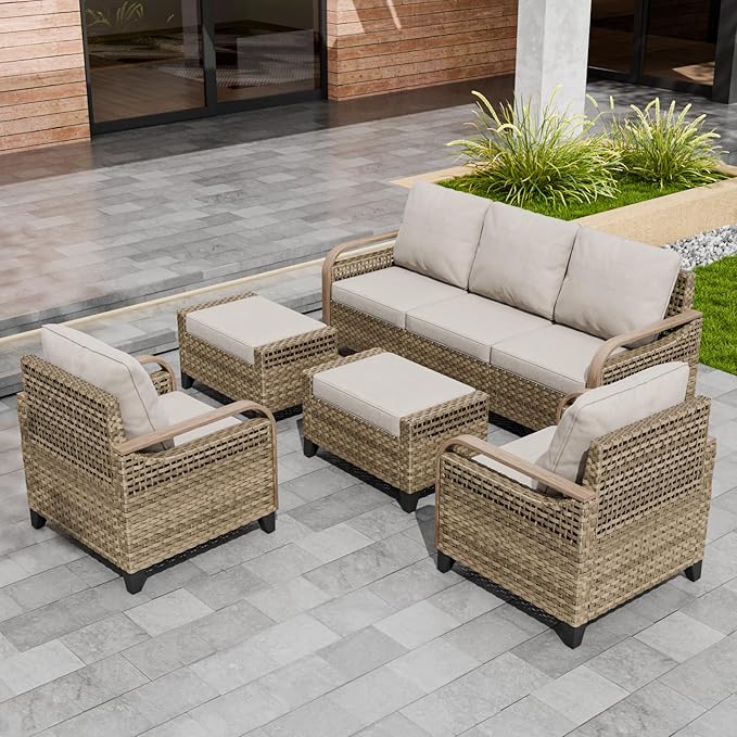 Modern Wicker Patio Furniture Set, Rattan Outdoor Conversation Set with Comfortable Cushions, 2 Patio Chairs, 3 Seat Couch and 2 Ottomans, 5 Pieces, Brown/Gray