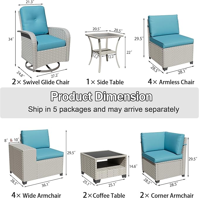 15-Piece Outdoor Patio Furniture Set, Modular Sectional Sofa Set with Swivel Rocker Chairs, Wicker Outdoor Couch Conversation Sets w/Coffee Table and Cushions, Turquoise