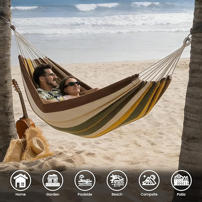 Lazy Daze Hammocks Extra Large Double Hammock, Portable Camping Hammock with Travel Bag & Tree Straps for Outdoor, Camping, Backyard, Patio, 550lbs Capacity, Brown & Khaki