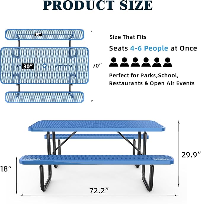 KEIKI 72" Heavy-Duty Metal Picnic Table with Benches, Commercial Outdoor Steel Table with 2.12" Umbrella Hole, 2.5mm Mesh Top, Rust-Resistant Coating, Patio Backyard Park Dining Furniture, Blue