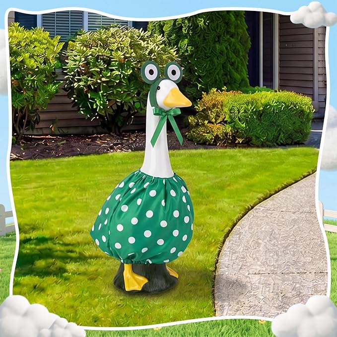 23" Porch Goose Outfit Frog Goose Dress Clothes with Crochet Frog Eyes Hood and Green Polka Dot Bubble Dress Costume for 23" Gooses Statue Decoration Patio Yard Garden Lawn Outdoor Decors