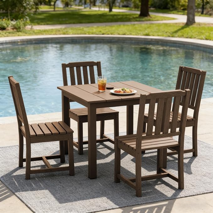 LOUNZY 5 Piece Outdoor Dining Set for 4, HDPE Patio Furniture, Brown | 4 person patio set, eco-friendly HDPE, Space-saving heat resistant surface, family friendly outdoor dining solution