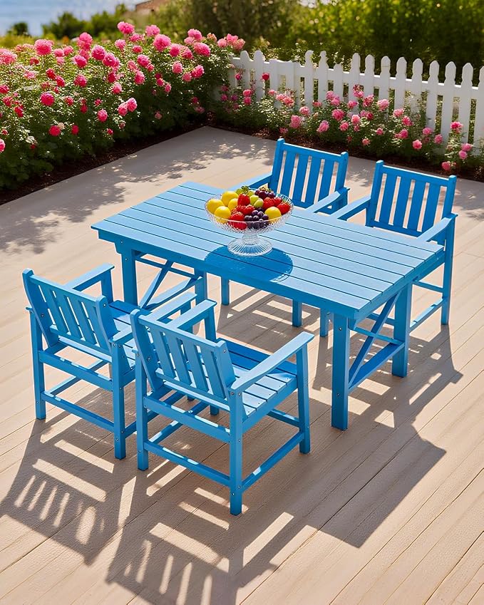 5-Piece Patio Table Set, Outdoor HDPE Dining Furniture Set with Umbrella Hole All Weather Table and 4 Chairs for Lawn, Garden, Poolside, Backyard, Blue