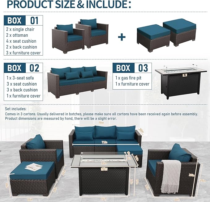 Patio Furniture Set 6-Piece Outdoor Furniture Set with 45'' Propane Gas Fire Pit Table Outdoor Conversation Set Wicker Sofa Set Non-Slip Cushions Waterproof Covers, Peacock Blue