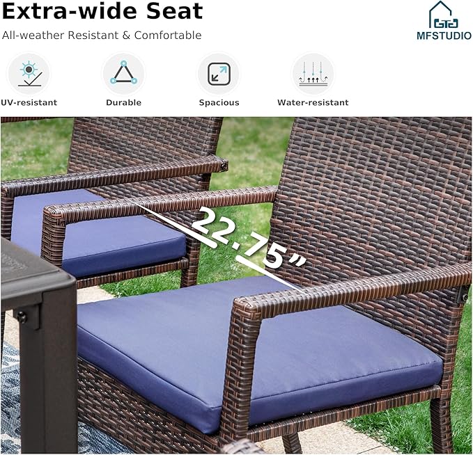 MFSTUDIO 7 Piece Outdoor Dining Set, 60” Rectangular Metal Table with Umbrella Hole & Cushioned Rattan Chairs, Patio Wicker Dining Table Furniture Set for 6, Deck, Porch