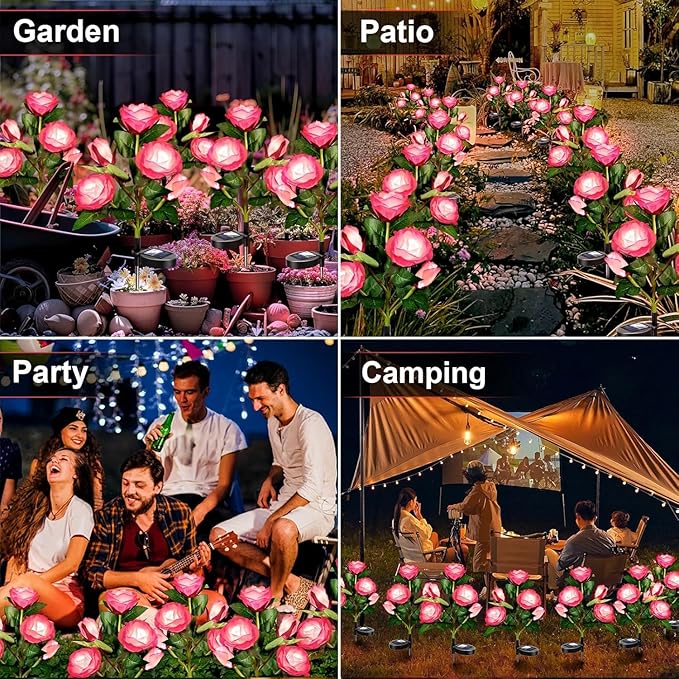 Anordsem Solar Garden Lights Outdoor: 20 Artificial Fabric Pink Roses Flowers 4 Pack- LED Flower Decorations for Cemetery Grave Pathway Yard- Valentine's Day Gifts for Women, Wife and Mother