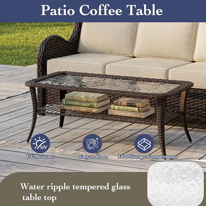 7 Pieces Outdoor Patio Furniture Set with 5" Thick Cushions, Weather-Resistant Wicker High Back Swivel Rocker Chairs, Patio Conversation Set for Outside Porch Deck Garden，Beige