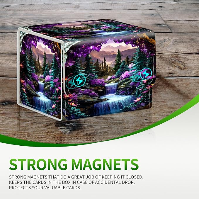 Card Deck Box for MTG, Cards Storage Box Fits 120+ Sleeved, Leather Small Size Strong Magnetic Closing Card Case for Board Games Magic TCG CCG Baseball Collection, Purple Mountains