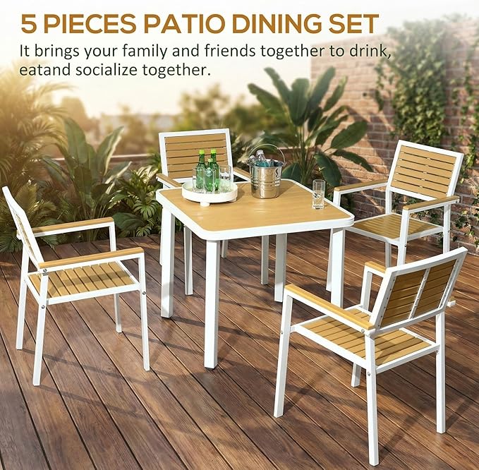 Outsunny 5 Piece Outdoor Dining Set for 4, Waterproof HDPE Patio Table and Chairs with Umbrella Hole, Aluminum Frame Outdoor Patio Dining Furniture Set for Backyard, Garden, Yellow