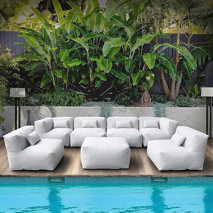Dineli ANNYH CALALUNA 7Pc Patio Garden Furniture Sectional Conversation Set.Combines 4Middle, 2Corner, 1Ottoman/Coffee Outdoor Exp Foam Filled Chairs. A Unique Modular Contemporary Sofa (Cloud Gray)