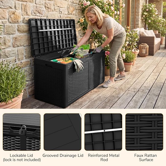 Tangkula 100 Gallon Outdoor Storage Box, Lockable Outdoor Storage Bench with 2 Smooth Wheels, Faux Rattan Surface, Waterproof Resin Deck Box for Outside Poolside Patio Garden (Black)