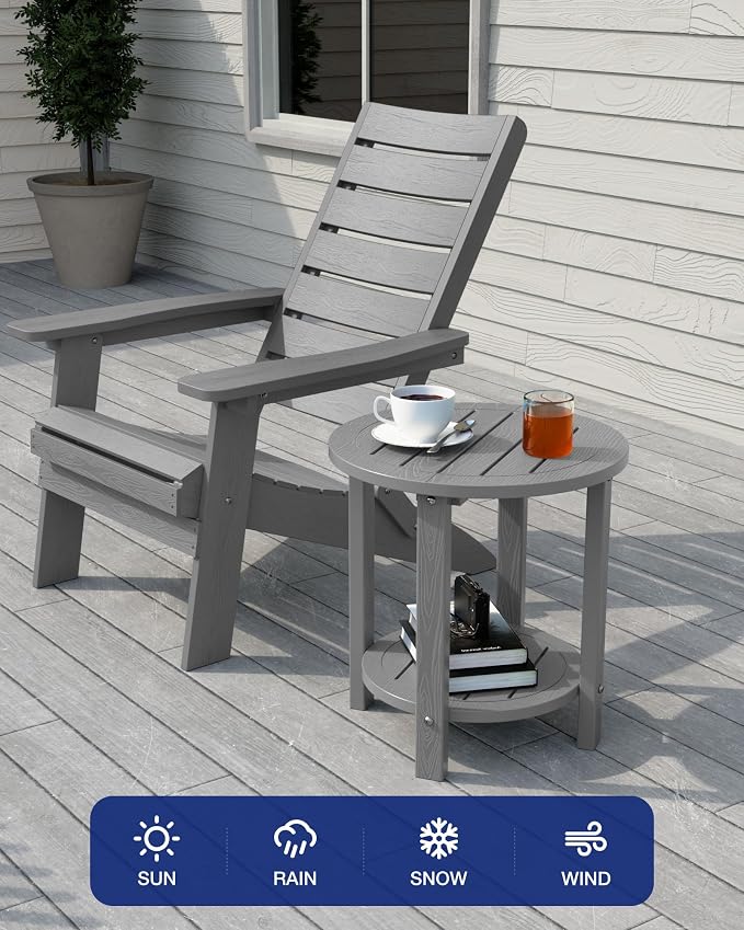 YEFU Outdoor Side Table for Patio: 16in HIPS Small Round Outdoor End Table - 2-Tier Adirondack Tables for Porch Patio Yard Poolside Living Room Beach Bedroom (Grey, 2 Pack)
