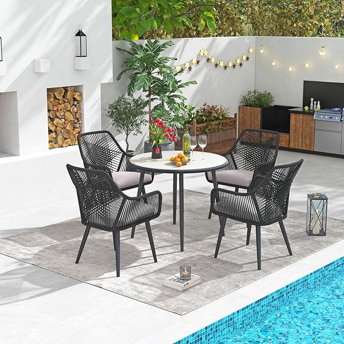 Patiorama 5-Piece Patio Dining Set, Outdoor Dining Table Chair Set, All-Weather Twisted Rattan Wicker Rope Conversation Set,Patio Furniture Set w/Umbrella Hole,Cushioned Chairs&Table(Black&Cross Back)