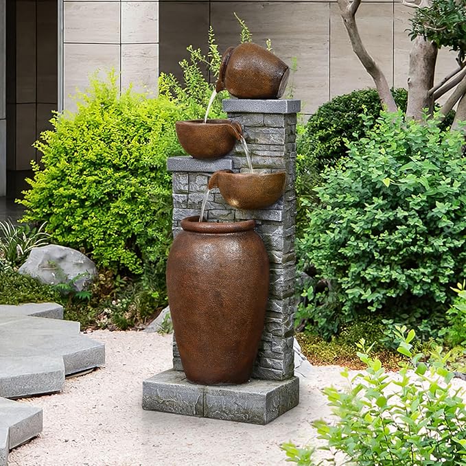 42.52" Outdoor Water Fountain with LED Lights, 4-Tier Floor-Standing Garden Waterfall Fountain, Rustic Pot Design Resin Water Feature for Patio, Backyard, Deck, Porch, Home Deco