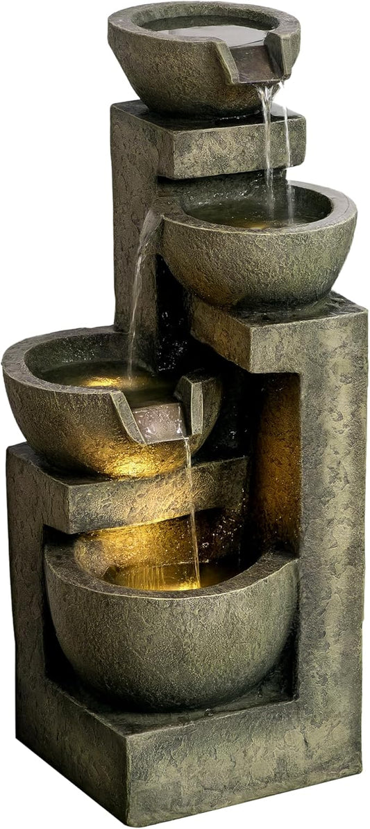 Outsunny Outdoor Fountain with 4-Tier Stacked Stone Look Bowls, Cascading Waterfall, Adjustable Flow & LED Lights, Rustic Décor for Patio, Zen Garden, Backyard, Porch, Gray