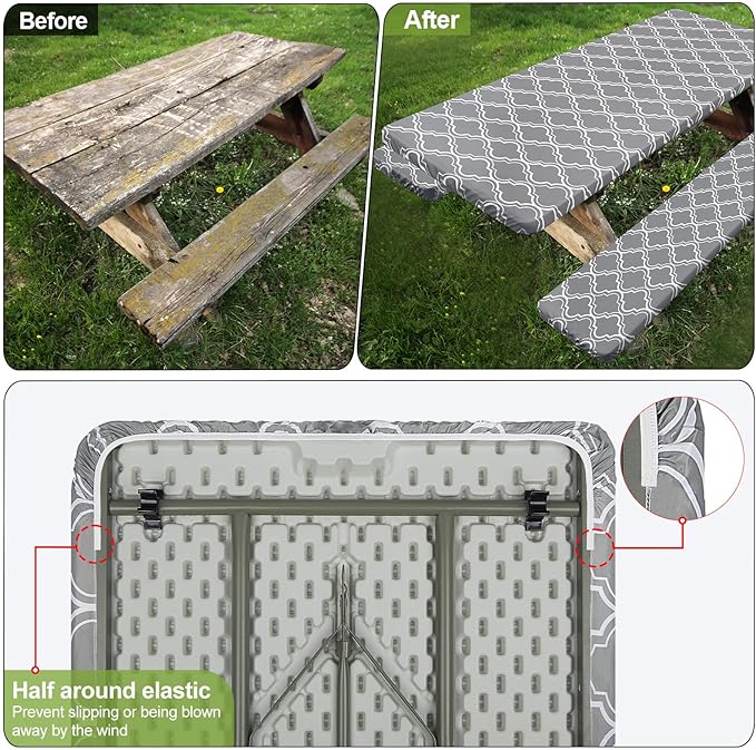 Picnic Table Cover with Bench Covers Camping Essentials Waterproof Windproof Camping Tablecloth with Drawstring Bag, Fitted Rectangle Tables and Seats, 96in, Grey