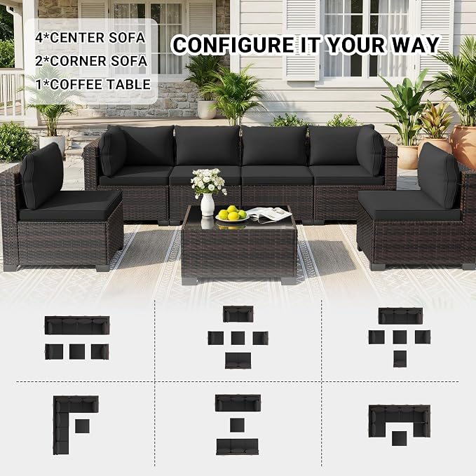 CHABATREE 7-Piece Outdoor Patio Furniture Sets, Manual Weaving Rattan Conversation Sectional Sofa with Tempered Glass Coffee Table, All-Weather PE Wicker & Thick Cushions for Garden, Backyard, Porch