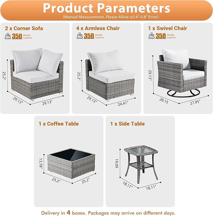 9 PCS Outdoor Patio Furniture Sets with Wicker Rocking Chair,Wicker Weather Resistant Patio Conversation Set with Comfy Cushions,Modular L Shaped Sofa with Coffee Table for Yard,Light Grey