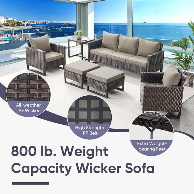 Belord Outdoor Couch Patio Furniture: Wicker Patio Sofa with Deep Seat High Back, 800Lbs Weight Capacity Oversize Outdoor Seating 3 Seater Rattan Couch, Anti-Rust Frame, Brown