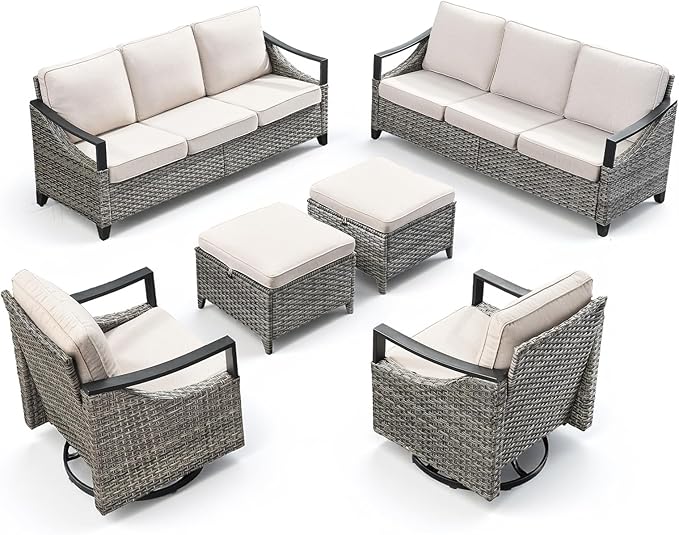 6 Piece Wicker Patio Furniture Sets-High Back Wicker Swivel Rocker Patio Chairs Set of 2 with Thick Cushions Ottomans, Outdoor Sofa, Patio Conversation Sets for Porch Balcony Patio Deck Grey/Beige