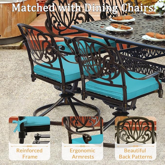 9 Piece Outdoor Patio Dining Set for 8, Cast Aluminium Large Square Dining Table & 8 Swivel Rocker Chairs with Removable Cushions, Umbrella Hole, Patio Furniture Set for Garden, Ocean Blue