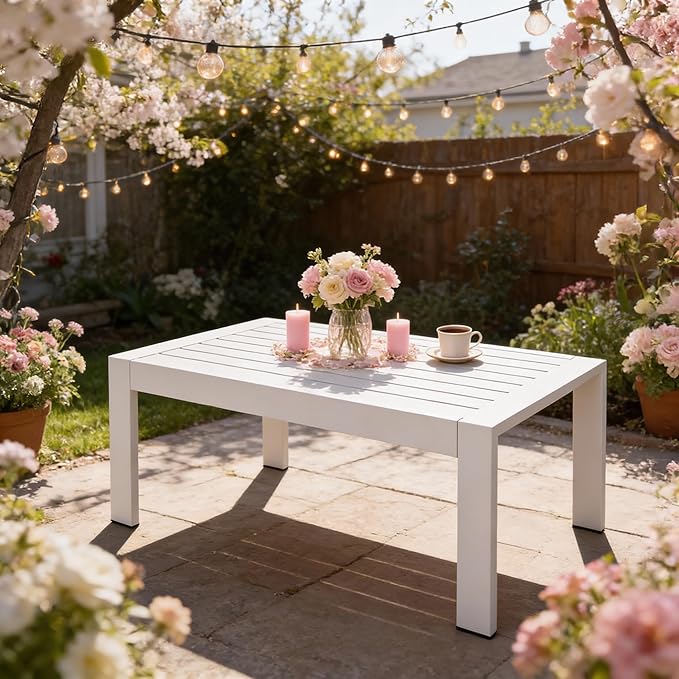 Kiss the Water Aluminum Patio Coffee Table – All-Weather Outdoor Table with Sturdy Metal Frame, Perfect for Backyard, Porch, Garden, Poolside, and Balcony, White