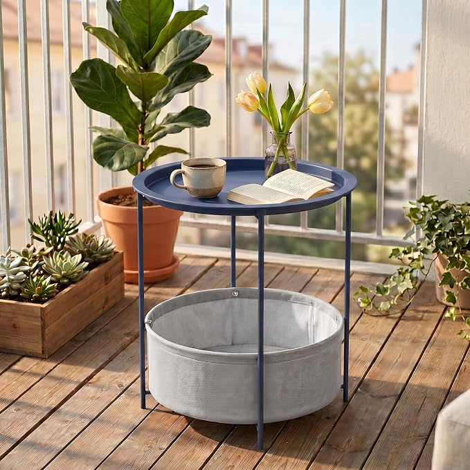 VECELO Round Side/End Table with Fabric Storage Basket，Metal Anti-Rust and Waterproof Small Bedside Nightstand with Removable Tray Top for Living Room，Balcony & Laundry，Blue /1pcs with Basket