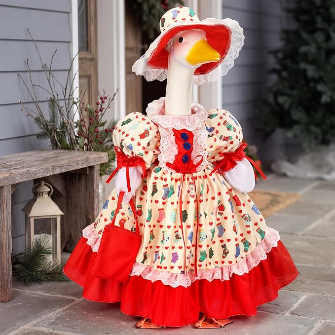 Suzile Christmas Porch Goose Outfit Holiday Geese Costume for 23" High Cement or Plastic Goose Clothes for Yard Lawn Outdoor Garden Patio Duck Statue Christmas Sock Dresses Winter Santa Party Decor