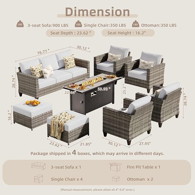 CAODOC 8-Piece Outdoor Wicker Patio Set with 9 Seats, Including 53" Fire Pit - Sectional Sofa and Conversation Set for Backyard or Lawn, Gray Rattan with Waterproof Gray Cushions