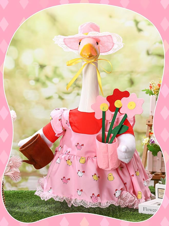 Outus Gardener Goose Outfits Set Includes Lace Pink Apron Sun Hat Small Flower Pot and a Tiny Watering Can Funny Goose Porch Clothing for Spring Outdoor Garden Yard Patio Lawn Statue