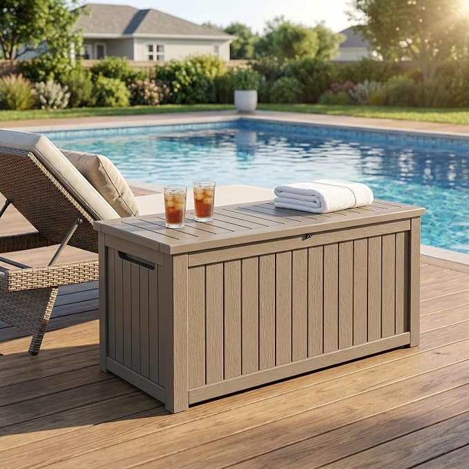 146 Gallon Deck Box, Waterproof Outdoor Storage Box, Lockable Resin Patio Storage Box for Cushions, Garden Tools & Pool Accessories, Heavy Duty Outdoor Storage Bench, Gray Brown